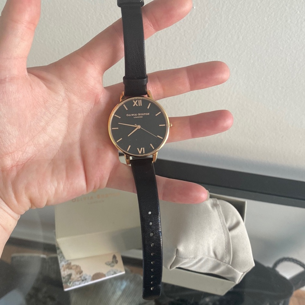 Gold with black leather strap Olivia Burton watch